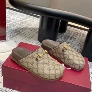 Gucci Cream and Brown Mules with Gold Detail